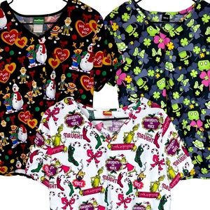Women’s Scrub Tops Holiday Bundle Lot of 3 St Patrick’s Day, Christmas Size L